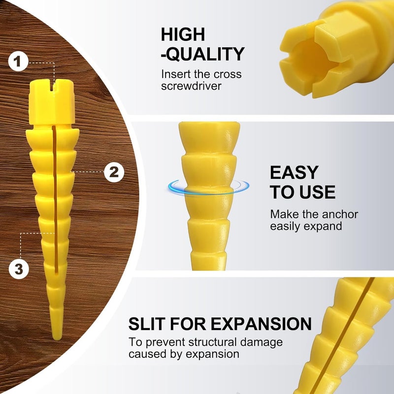 Haespot Yellow 12PCS Stripped Screw Hole Repair Anchor, Door Hinge Screw Hole Filler, Multi Use Wall Anchors, Fits Wood Screws Sizes #2 to #16 - Image 3